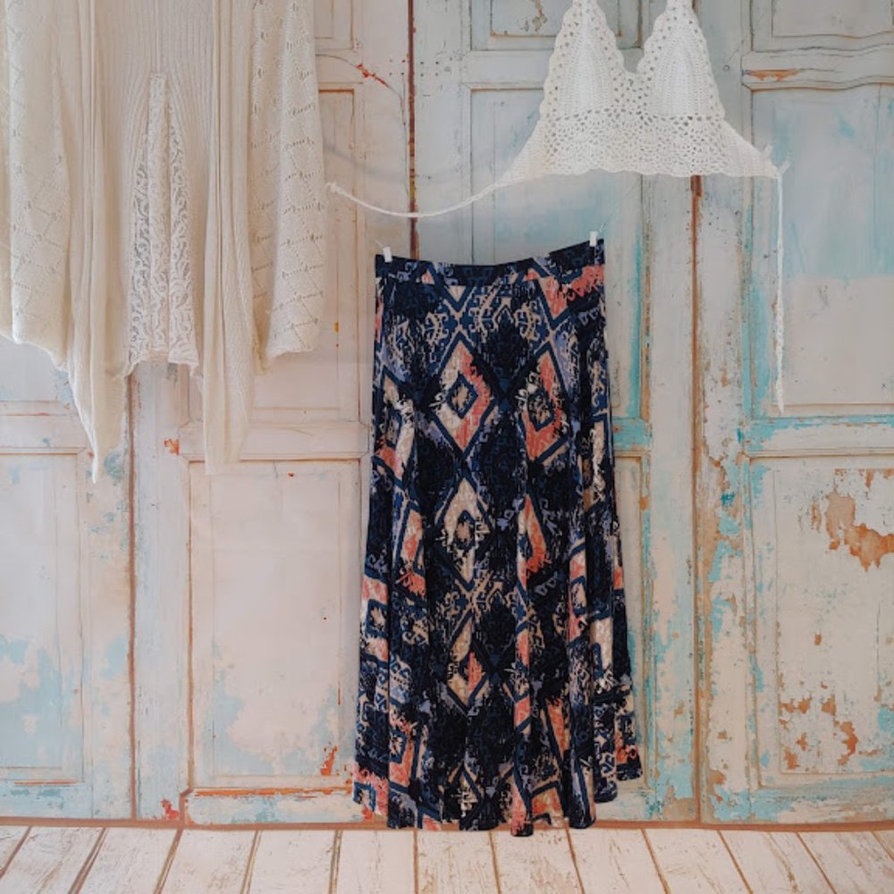 BOBEAU soft stretch elastic waist lined skirt/size xs/blue multi colored